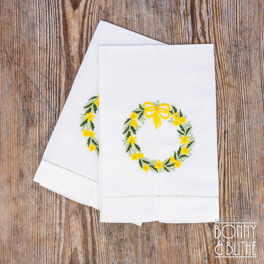 Pair of Embroidered Table Napkins | Yellow Floral Ribbon Wreath